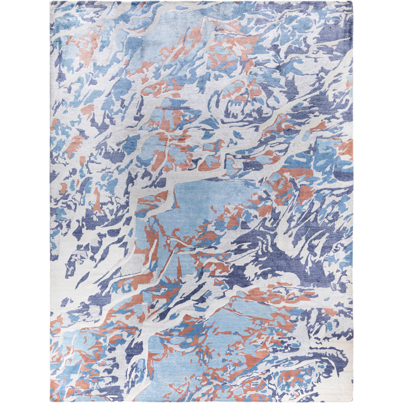 Tapis moderne ivoire noué à la main de conception unique 9 pi 2 po x 12 pi 3 po Modern