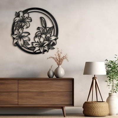 Lily Flower Round Frame Wall Decor Modern Abstract Wall Accent Sculpture Hanging Decoration Metal Wall Decor