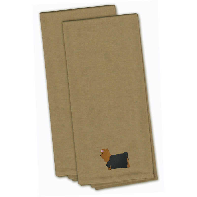 Serviette à thé à cuisine brodée yorkshire terrier yorkie, Brun clair, H 28 po x l 19 po x P 0,1 po