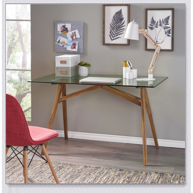 Bureau d'ordinateur moderne en verre trempé et en bois d'acacia, idéal pour les bureaux à domicile et les salles de conférence, durable et élégant