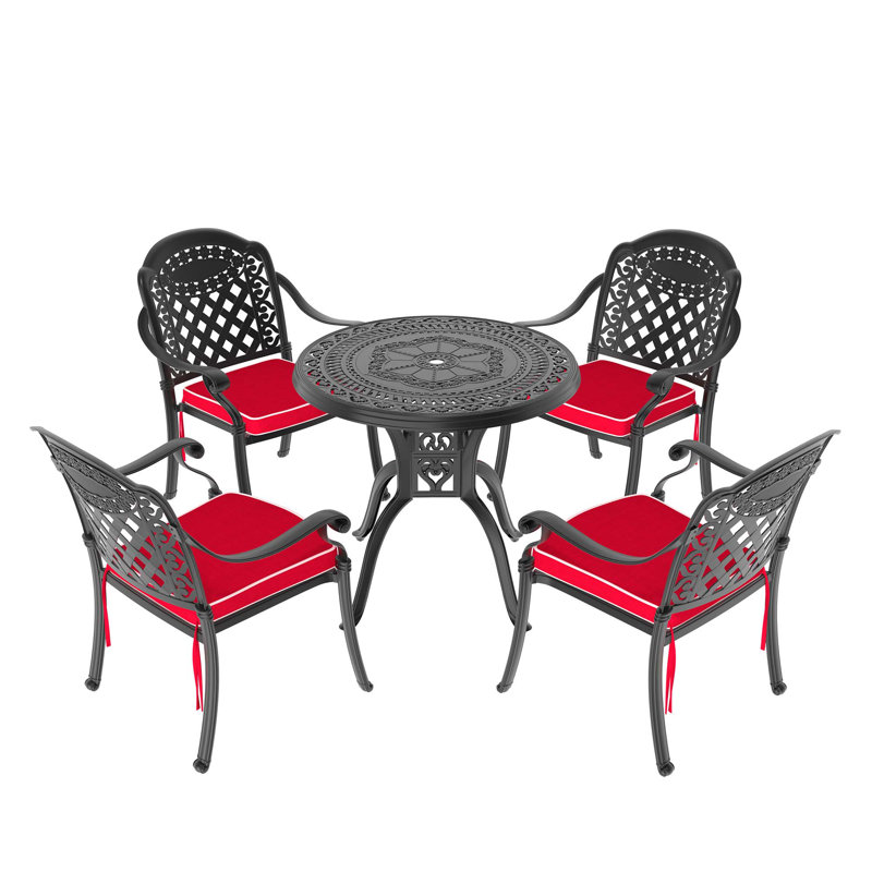 Ensemble de 5 meubles de patio en fonte d'aluminium avec coussins et chaise, Rouge, H 28,35 po x L 31,5 po x l 31,5 po