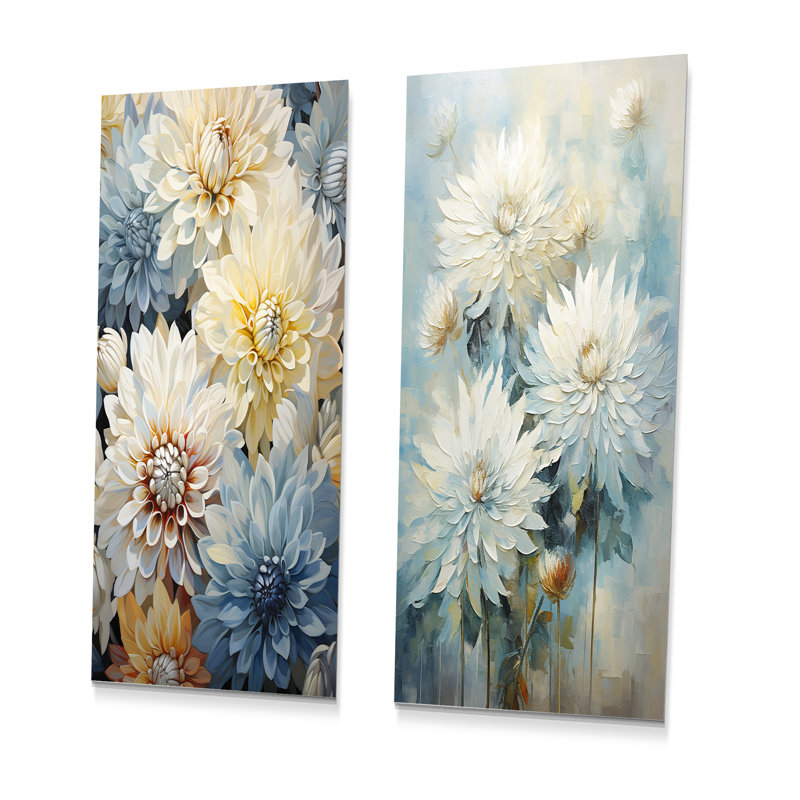 Blooming Mums in Beige and Blue - Mums, ensemble de 2 reproductions d'art en métal, H 28 po x l 24 po
