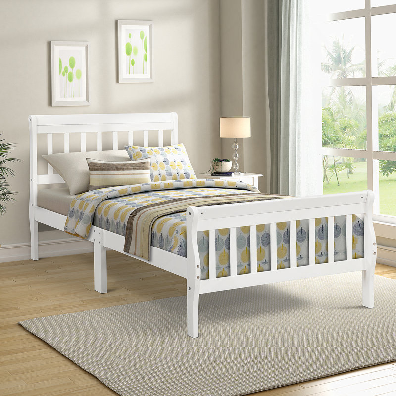 Wood Platform Bed Twin Bed Frame Panel Bed Mattress Foundation Sleigh Bed with Headboard/Footboard/Wood Slat Support,White