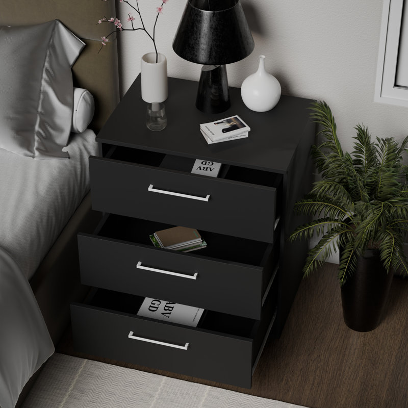 Commode à 3 tiroirs Keithline - Table de chevet compacte moderne de 25,5 po, Noir