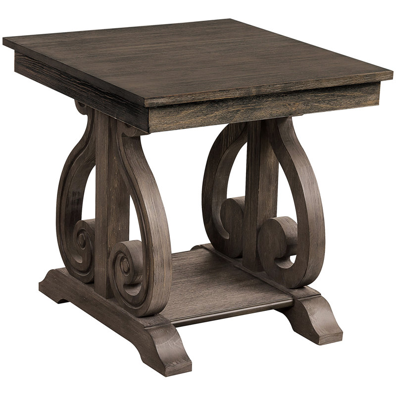 Table de bout traditionnelle en chêne foncé avec tablette et base décorative d'apparence élégante