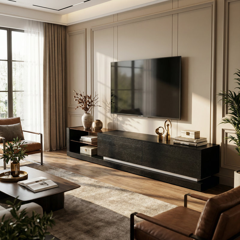 Culver 89'' W 2-Drawer Sleek TV Stand Media Console With Ambient Lighting And 2-Tier Tempered Glass, Black