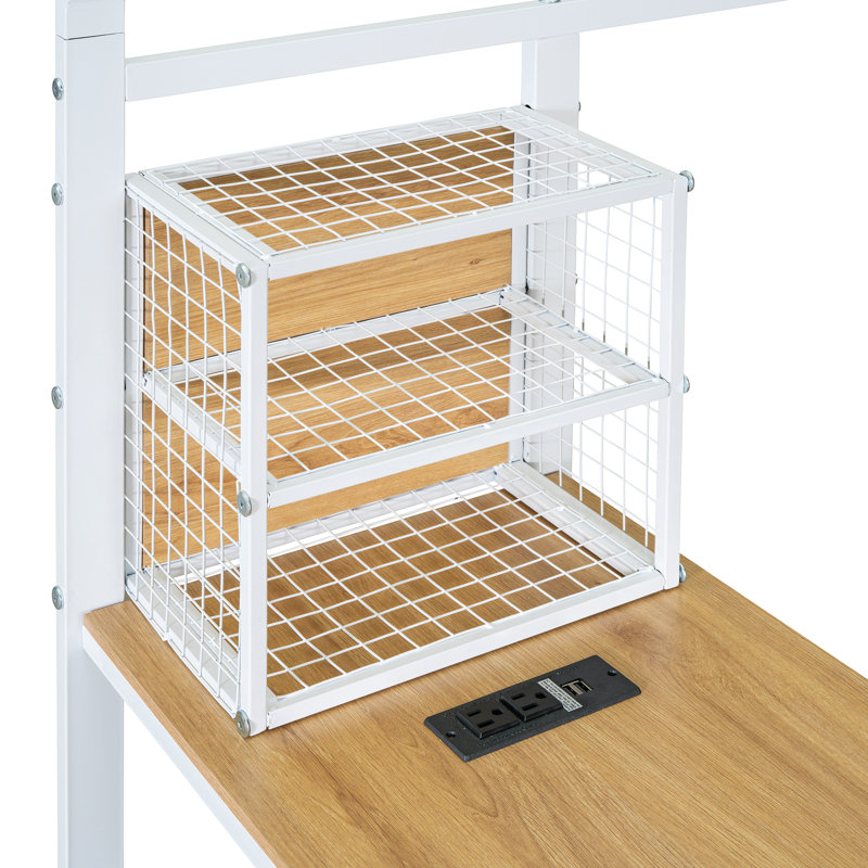 Structure de lit en métal avec bureau, tablettes, prises de courant et ports USB, Blanc, Lit simple