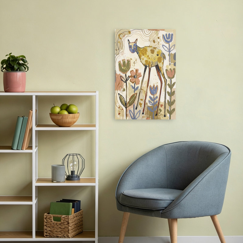 «Whimsical Deer Garden Abstract», art mural de fleur de cerf fantaisiste, 24" H x 16" W