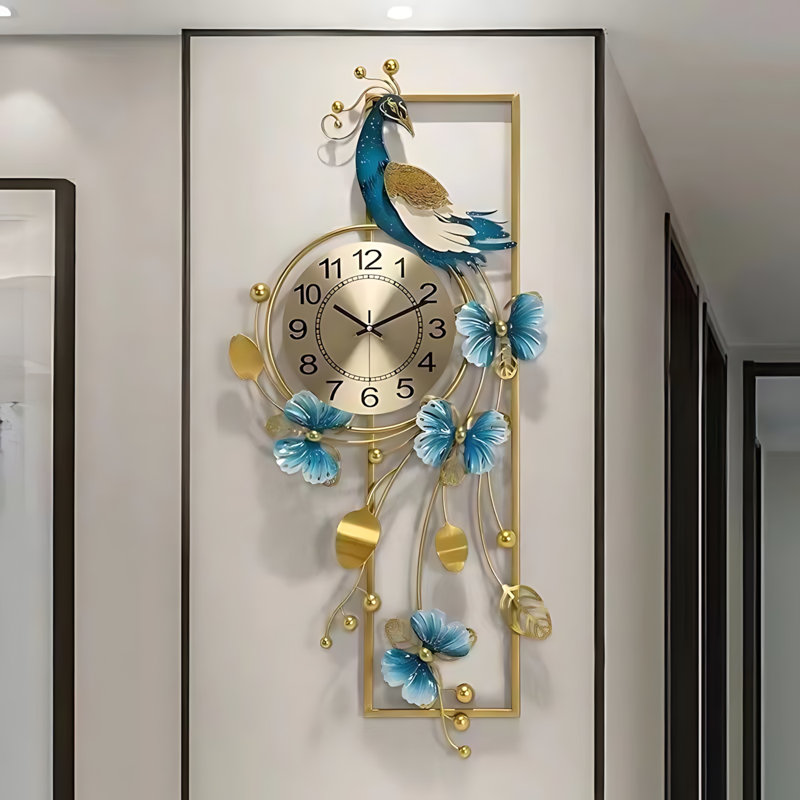 Horloge murale 34 pouces - Design élégant paon pour le salon, la salle à manger, le bureau - Horloge silencieuse