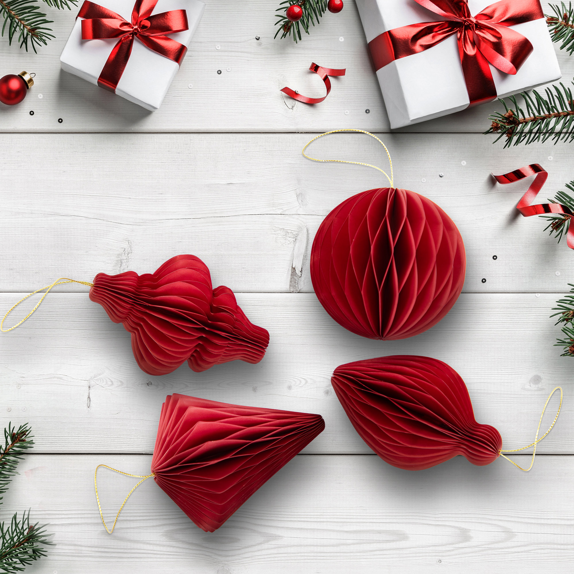 Accordion Honeycomb Foldable Paper Christmas Ornaments - 4" - Set Of 4, Red