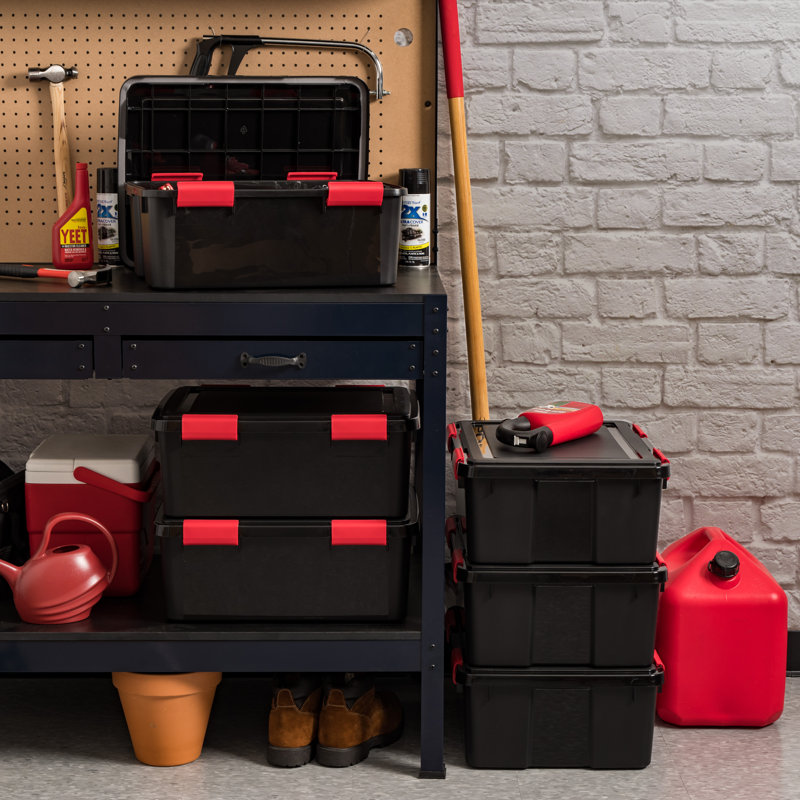 Black and Red Stackable WeatherPro Plastic Storage Bins with Lids, 19.7 in