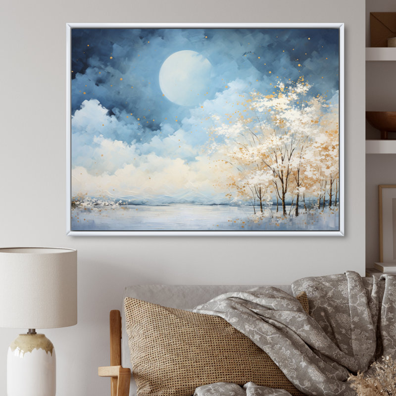 Nuage canopée pointillisme paysage III - impression, H 30 po x l 40 po x P 1,5 po, Cadre flottant blanc