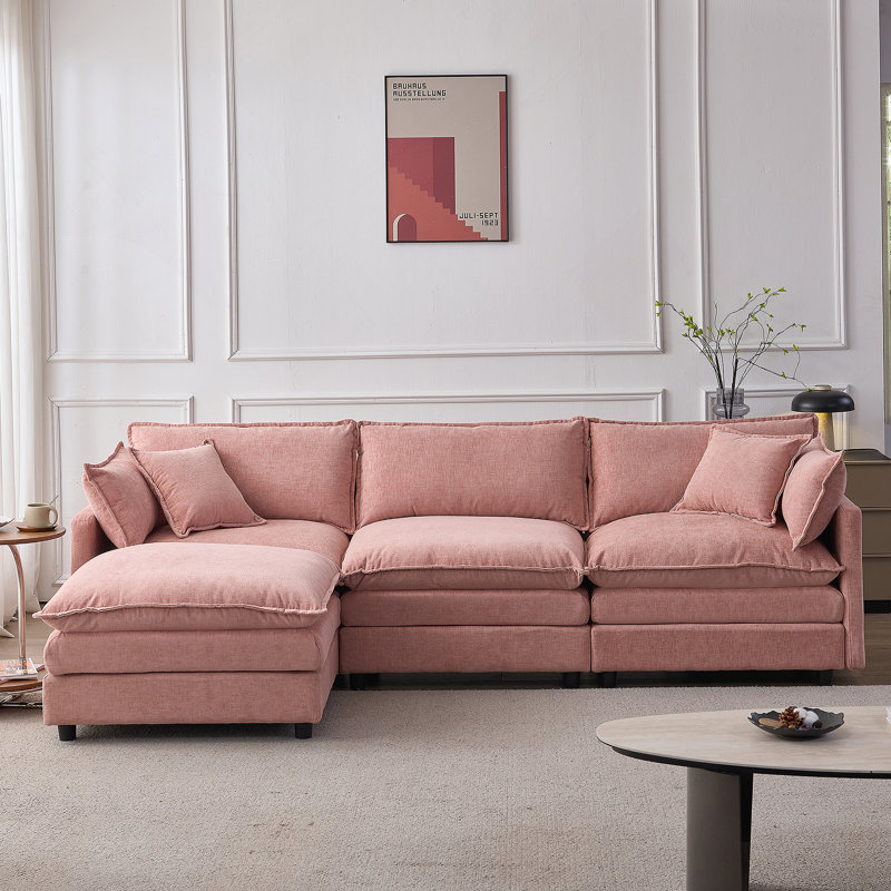 Canapé modulaire modulaire, canapé rembourré, canapé 3 places avec repose-pieds, Rose