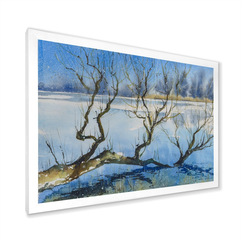 Arbre dans un lac d'hiver - reproduction d'art sur toile, H 30 po x l 40 po x P 1,5 po, Cadre blanc