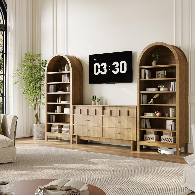 71" Tall Arched Bookcase, 7-Tier Freestanding Open Bookshelf with Adjustable Shelves for Living Room Office, Natural