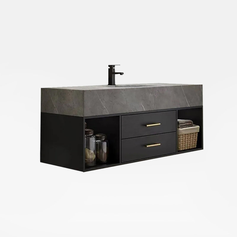 Ensemble de meuble-lavabo mural moderne flottant noir avec pierre frittée encastrable 35 po Chiverton, Noir et or, 35", Gris