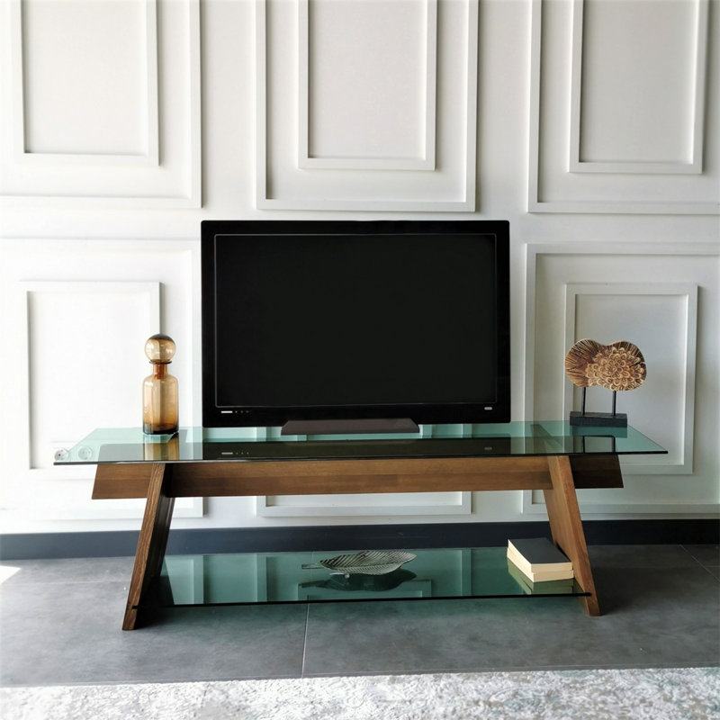Modern TV Stand with Tempered Glass & Pine Solid Wood Frame, 62.2 x 17.7 x 15.7 inches | 8 mm Glass Thickness | Walnut & Green Color | Wall-Mountable, Numerous Shelves | Stylish & Functional Design for Living Rooms