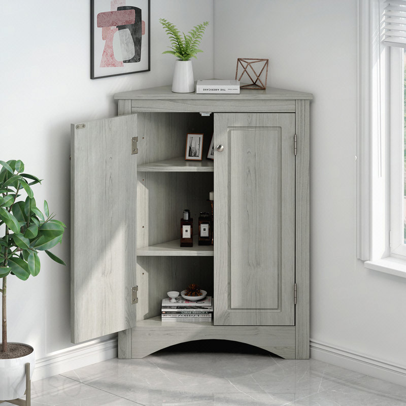 Triangle Bathroom Storage Cabinet With Adjustable Shelves, Freestanding Floor Cabinet, Gray