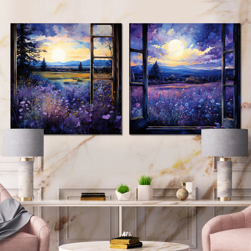 Lavande Horizon Country Side Windows I - ensemble de 2 reproductions d'art de ferme, Toile tendue, H 16 po x l 33 po x P 1 po