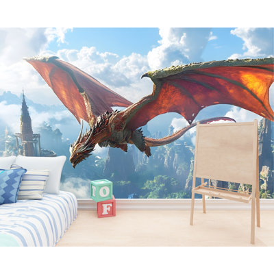 Majestic Flying Dragon Wall Mural – Fantasy Style Wallpaper For Kids’ Rooms, Playrooms, Or Living Spaces