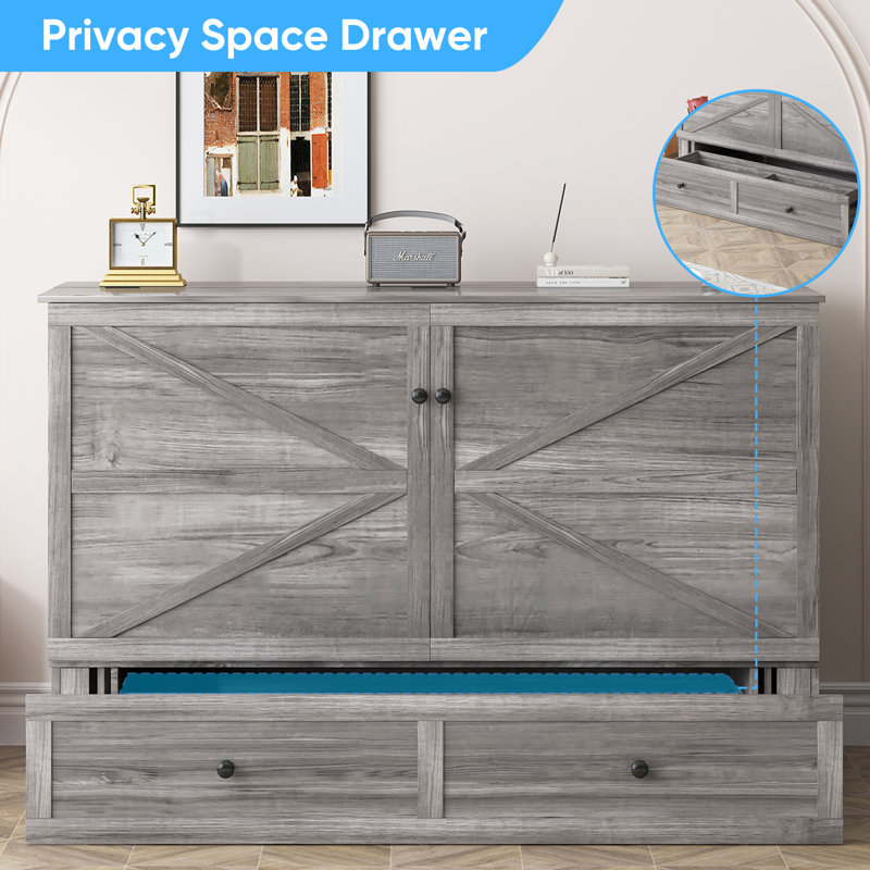 Queen Murphy Bed Cabinet with USB Charging & Large Storage Drawer(Mattress Not Included), Queen