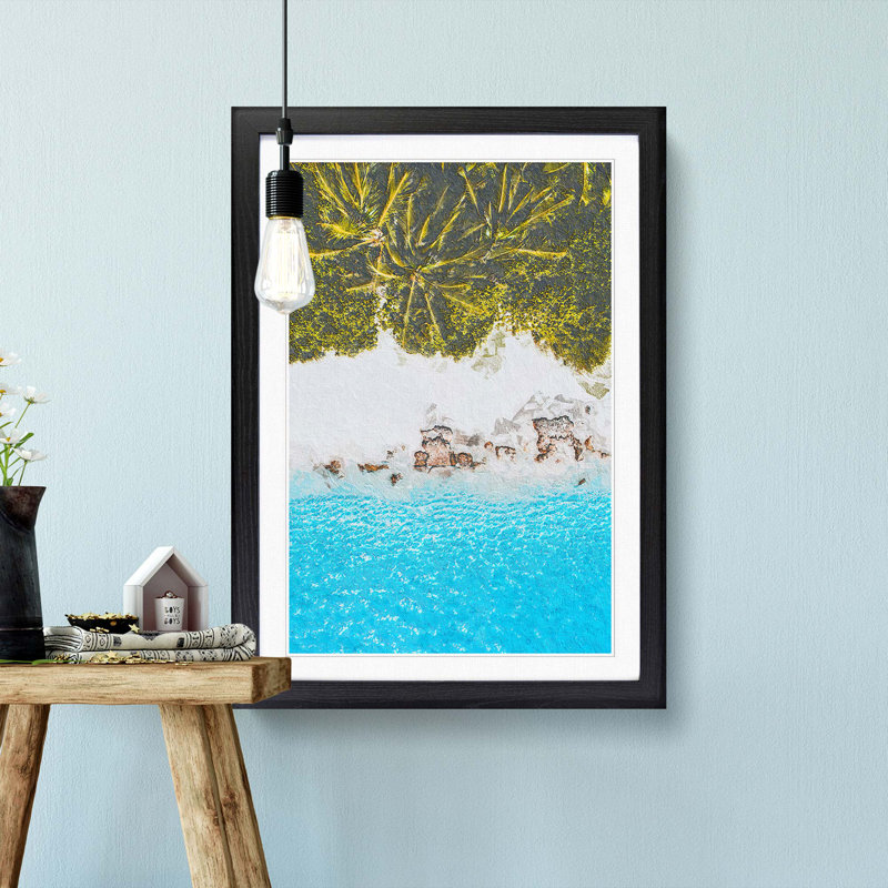 Palm Trees by the Beach in the Maldives - Picture Frame Painting Print on MDF, Black Framed, 48cm H x 36cm W x 2cm D