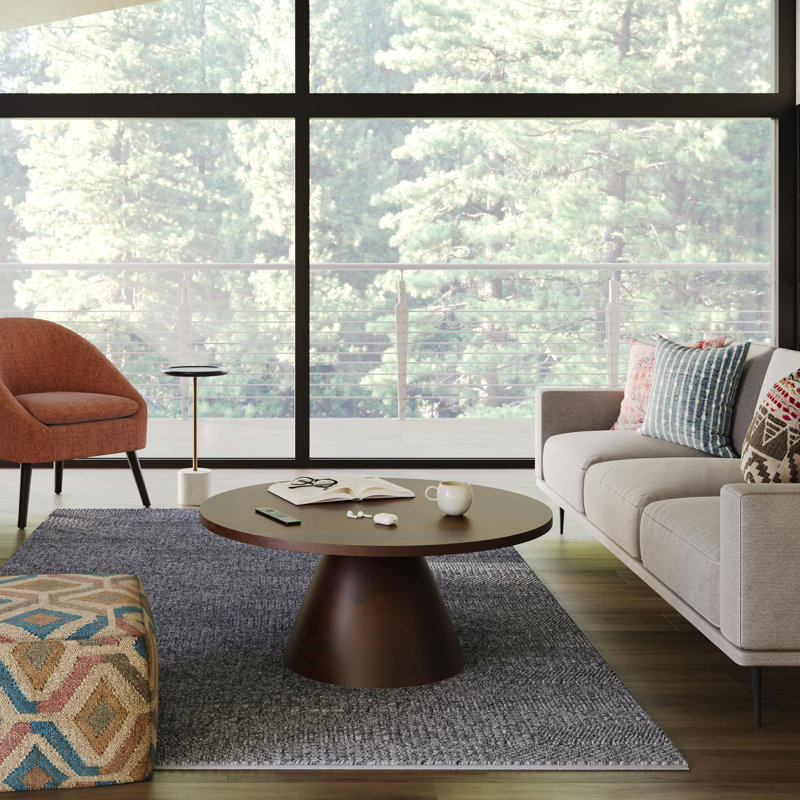 30"W Walnut Solid Acacia Modern Round Coffee Table with Pedestal Base, Fully Assembled