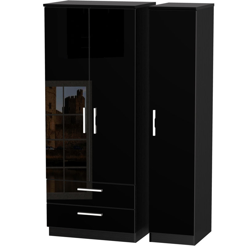 Yvette 3 Door Manufactured Wood Wardrobe, Black, 182.5 cm H x 111 cm W x 53 cm D