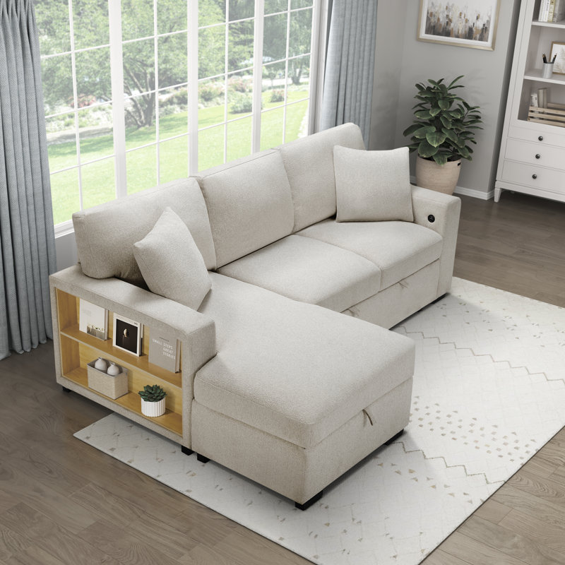 Darrielle Sectional Sofa Sleeper, Beige Fabric, Left Hand Facing