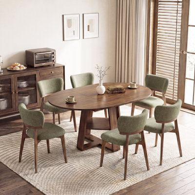Ameeria Extendable Round Dining Room Set With 6 Upholstered Chairs, 7-Piece Kitchen Table And Chairs With Hidden Storage