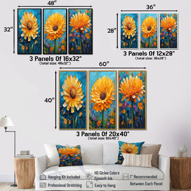 Fleur de pissenlit jaune et bleu en fleurs - Collection d'art mural traditionnel, H 40 po x l 60 po, Blanc