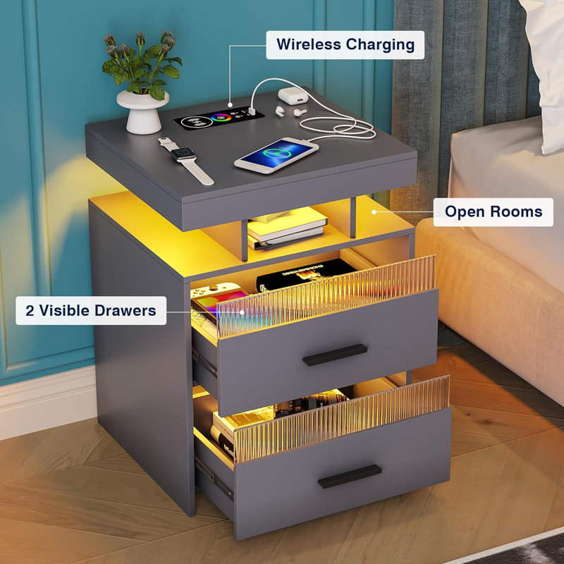 Gaelyn Sensor LED Nightstand with Ample Storage Space, Gray