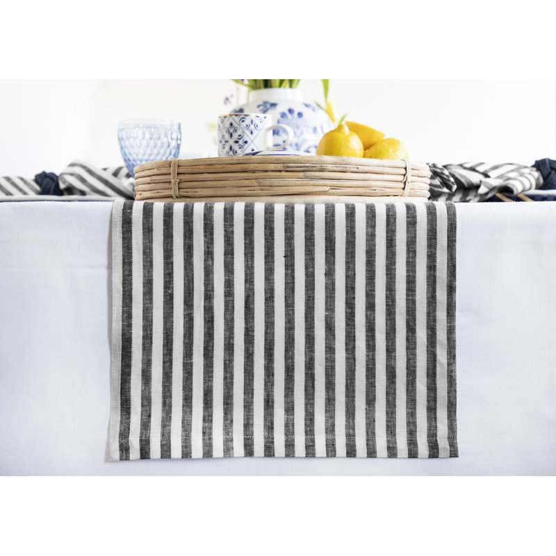 Cabana Stripe - 100% Pure Linen Table Runner, 108" x 14", Black/White