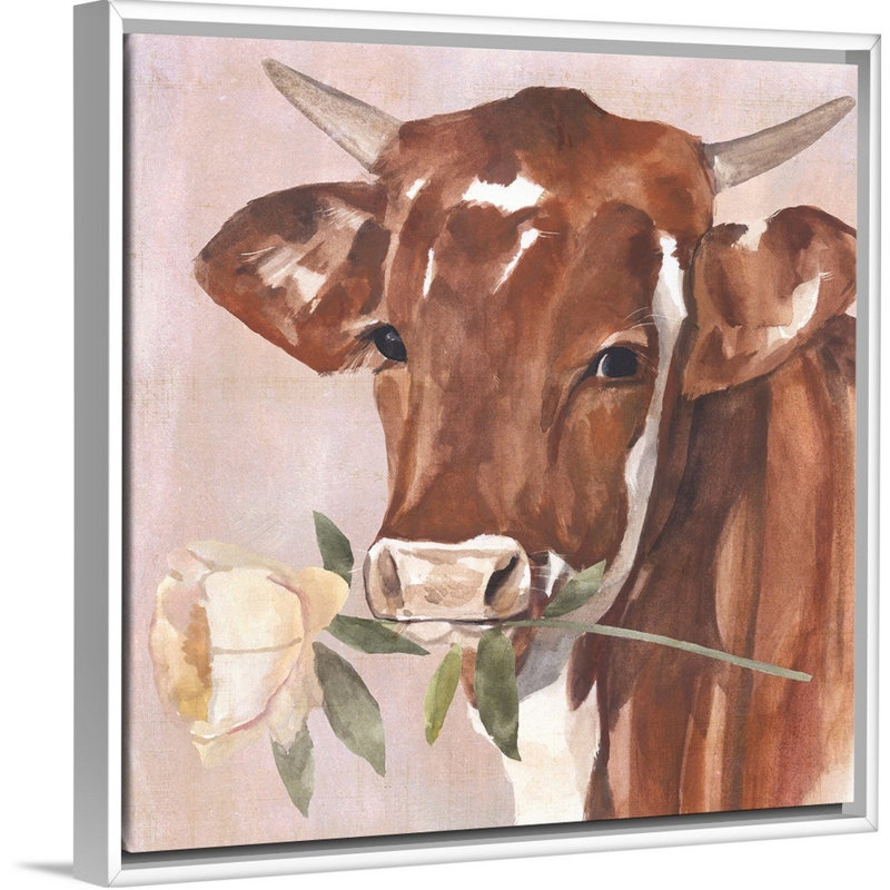 Peony Cow I, art mural sur toile, H 22 po x l 22 po x P 2 po, Toile avec cadre blanc