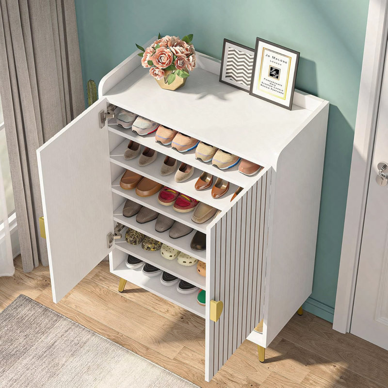 Armoire à chaussures 29,6 po à 7 niveaux pour portes d'entrée - brun rustique, Walnut/Gold