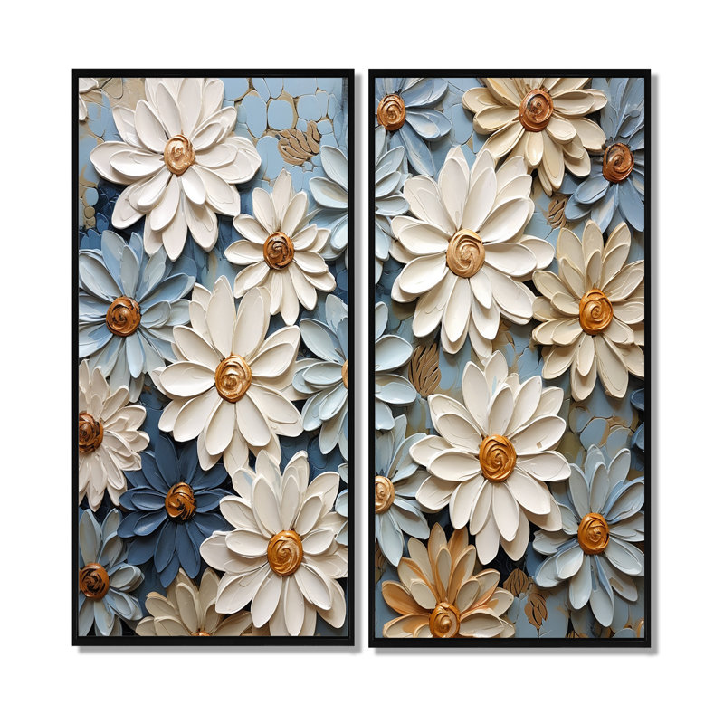 «Blue Blooms Zinnias Flowers» - art mural blanc, H 32 po x l 32 po, Impression encadrée flottante, Noir, noir, noir, noir