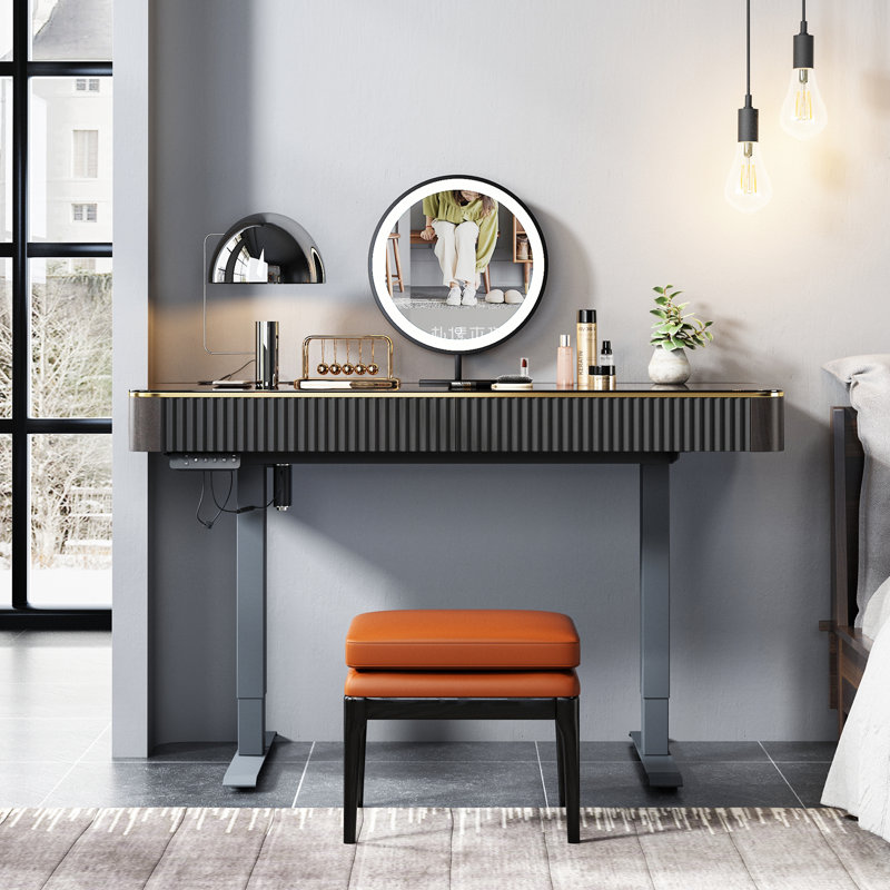 Ensemble de coiffeuse à maquillage, réglable en hauteur, prise de courant USB, plateau en verre, tiroir de rangement