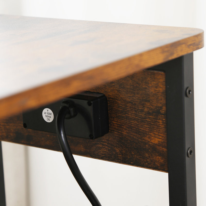 Brown Particle Board and Iron Side Table with USB Ports and Storage