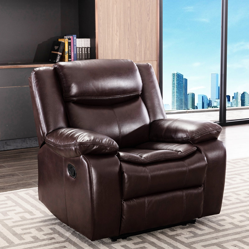 Fauteuil inclinable manuel en cuir pour le salon, cuir respirant, brun foncé, siège à deux couches avec ressorts ensachés, siège en éponge haute densité, dossier en mousse, bois massif et structure en métal, rangement