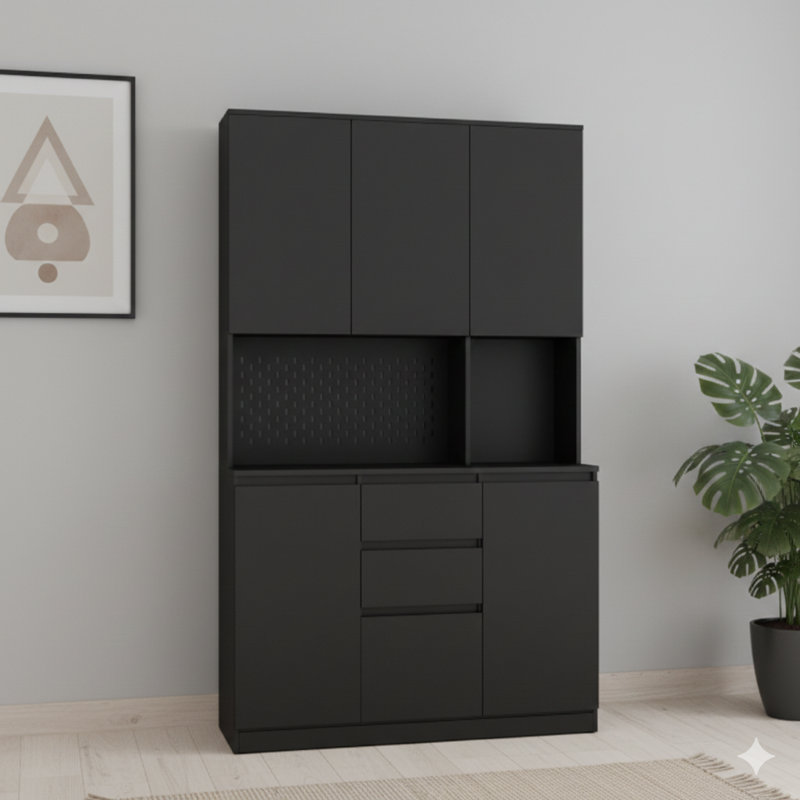 Armoire de cuisine de 74 pouces avec six portes, trois tablettes et deux tiroirs, une armoire polyvalente et une armoire de cuisine, une armoire de rangement pour les bricolages, une salle de lavage pour la cuisine, en noir