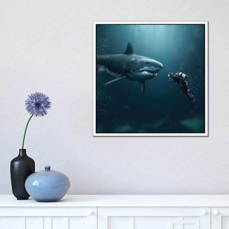 Shark Meets Diver 1 Piece Wall Art on Canvas, 45.72 cm H x 45.72 cm W, White Framed