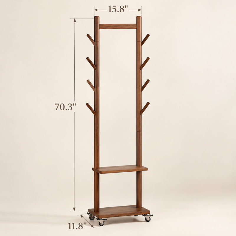 Portemanteau roulant en bois massif avec tringle, 8 crochets et 2 tablettes