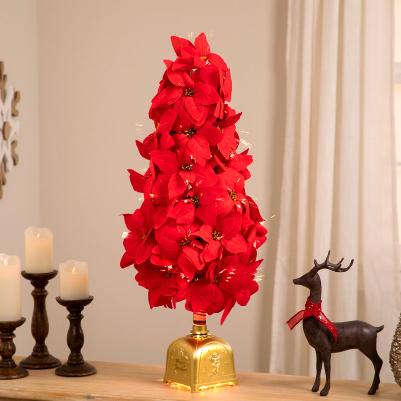 Arbre de Noël pré-éclairé à fibre optique rouge changeant de couleur poinsettia - 3 pi