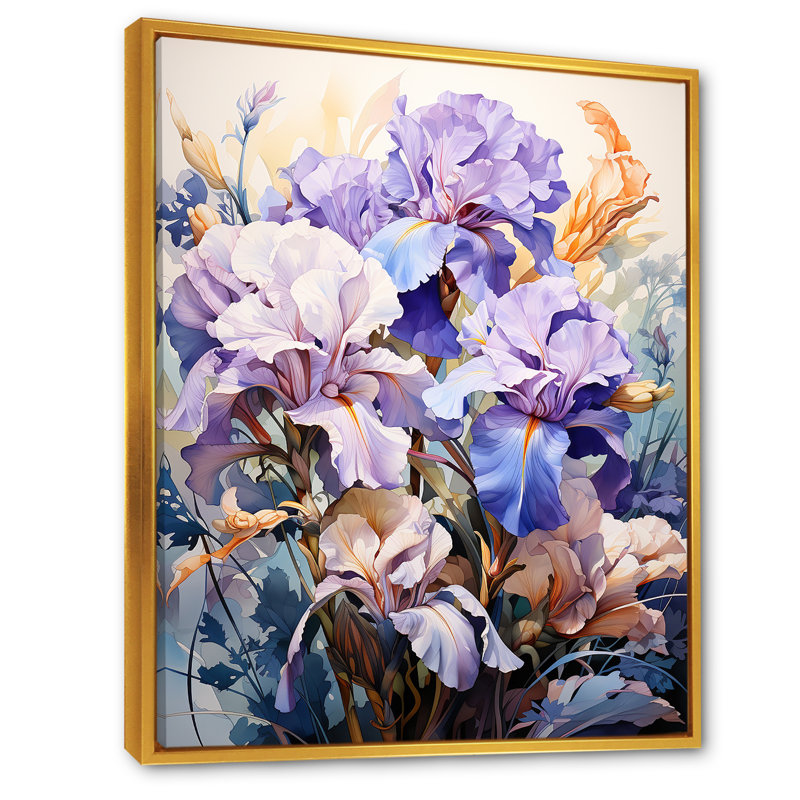 Détaillée détaillée iris mauve foncé - reproduction sur toile, Cadre flottant doré, H 40 po x l 30 po x P 1,5 po