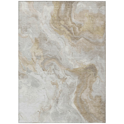 9' X 12' Ivory And Beige Abstract Washable Indoor Outdoor Area Rug