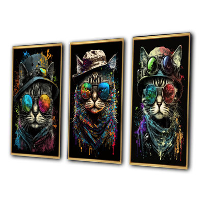 «Chat bohémien avec lunettes de soleil», 3 pièces sur toile