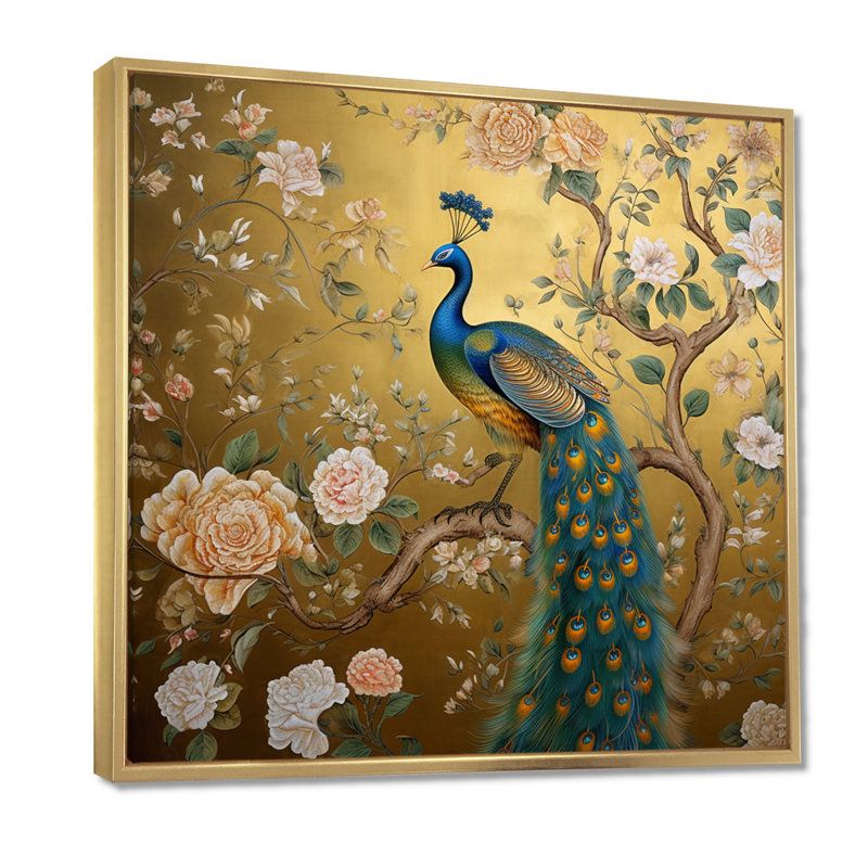Grand paon majestueux sur fleurs dorées rétro - art mural paon, H 30 po x l 30 po x P 1 po, Toile avec cadre flottant or