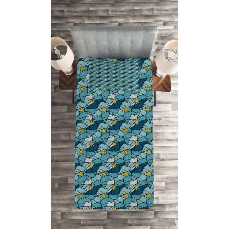 Seashells Coastal Polyester Coverlet, Twin Bedspread + 1 Sham