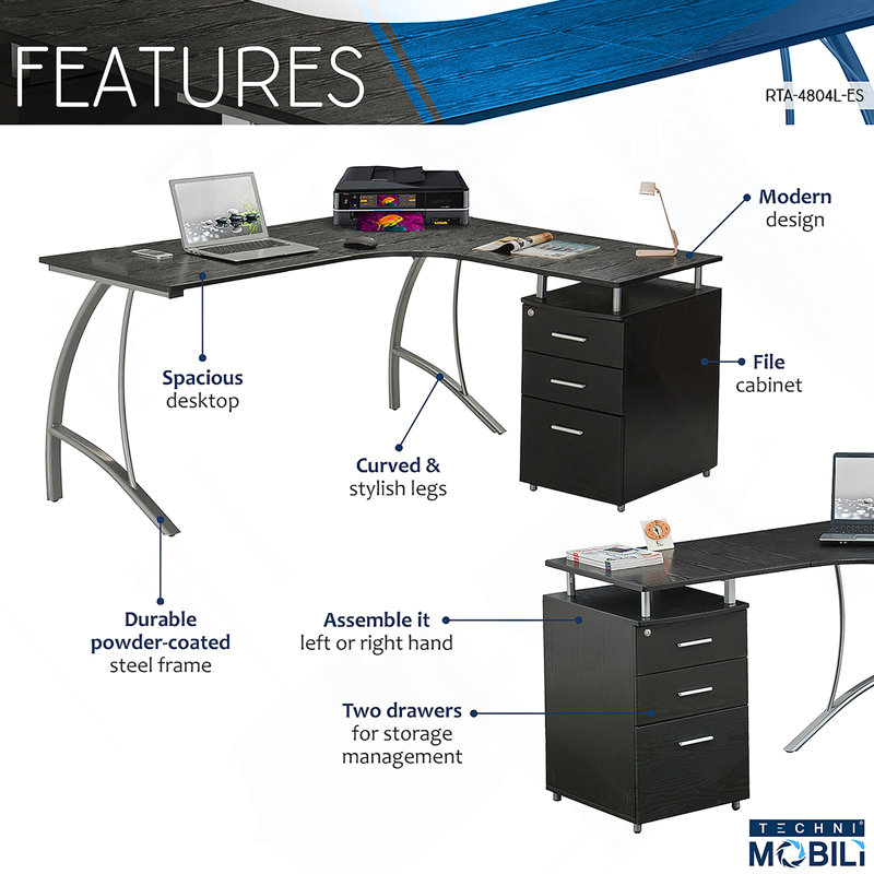 Bureau d'ordinateur moderne en L avec classeur et rangement, espresso