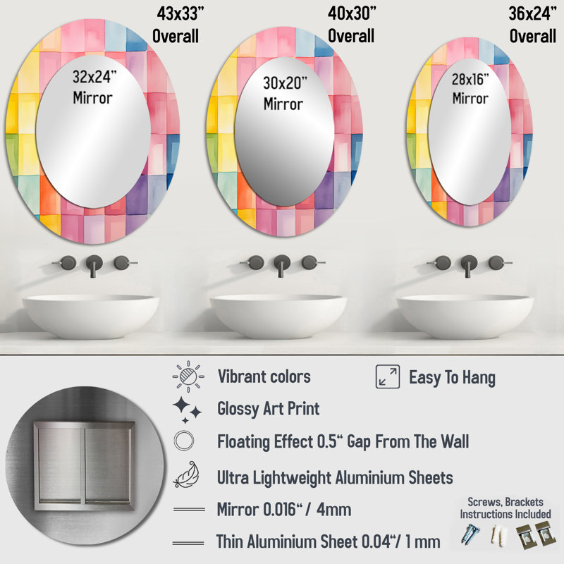Paster color cubes cubes II - Miroir mural ovale moderne, H 36 po x l 24 po